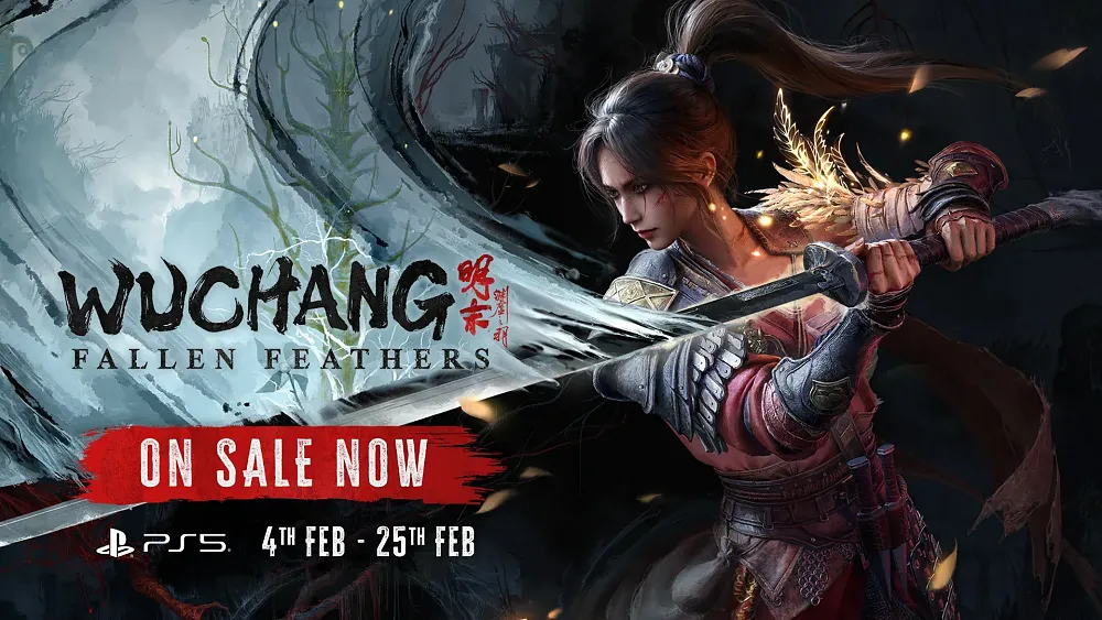 Promotional art showing Wuchang: Fallen Feathers is on sale on PlayStation 5 from February 4, 2026 until February 25th.