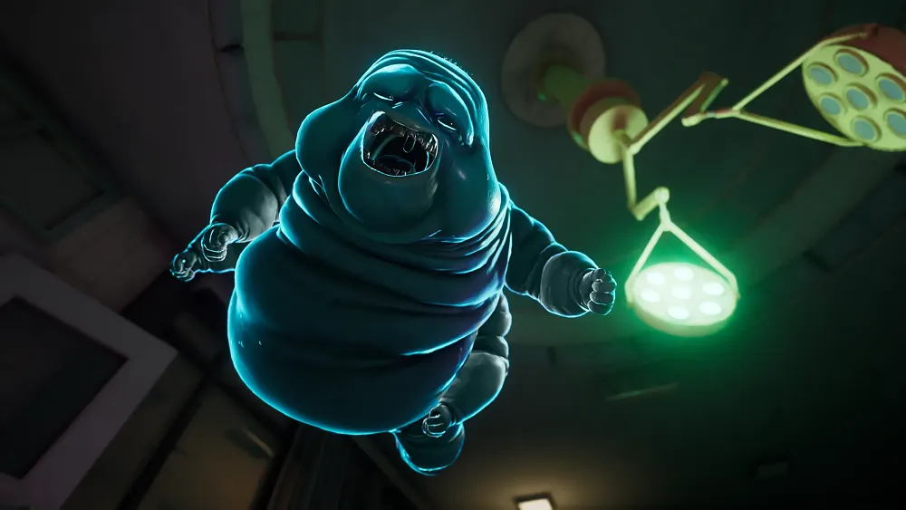A chubby, blue translucent ghost with four arms flying through the air. Its mouth is open revealing some teeth and drool.
