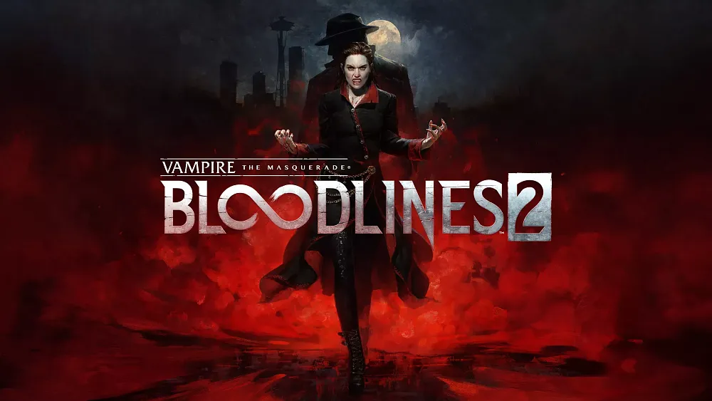 Key art showing a female vampire standing in front of a silhouette of the city of Seattle. The title, Vampire: The Masquerade - Bloodlines 2, is shown.