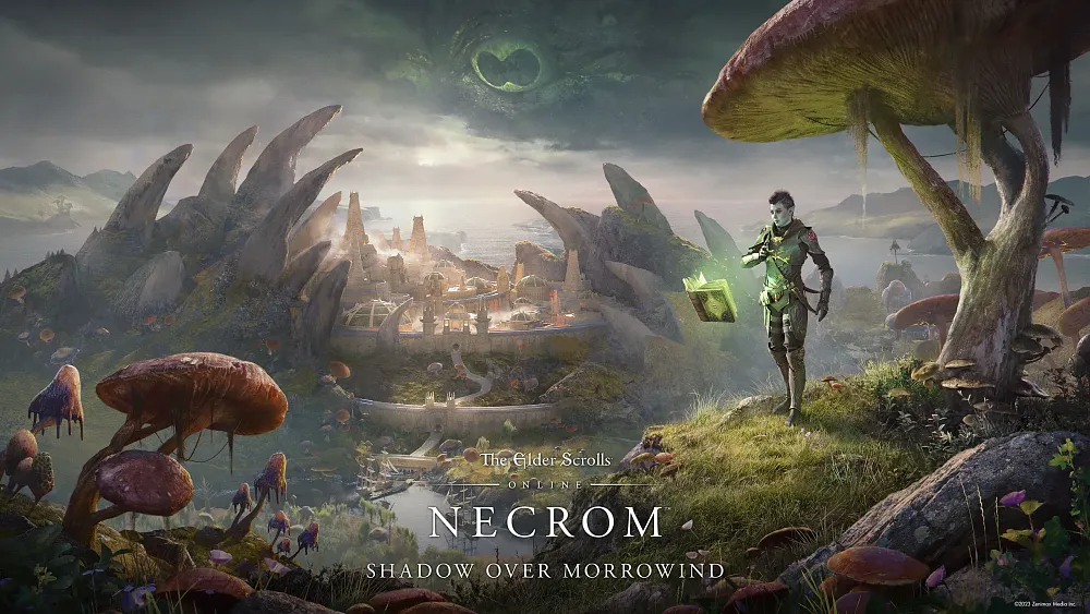 Key art showing "The Elder Scrolls Online: Necrom" and under it says "Shadow Over Morrowind." These words are over artwork showing a fantasy landscape with green hills covered in giant mushrooms. A blue elf person stands reading a floating book in front of them. In the background is a small city set between large jagged rocks. The sky is tinted green with an evil looking eye peering out.
