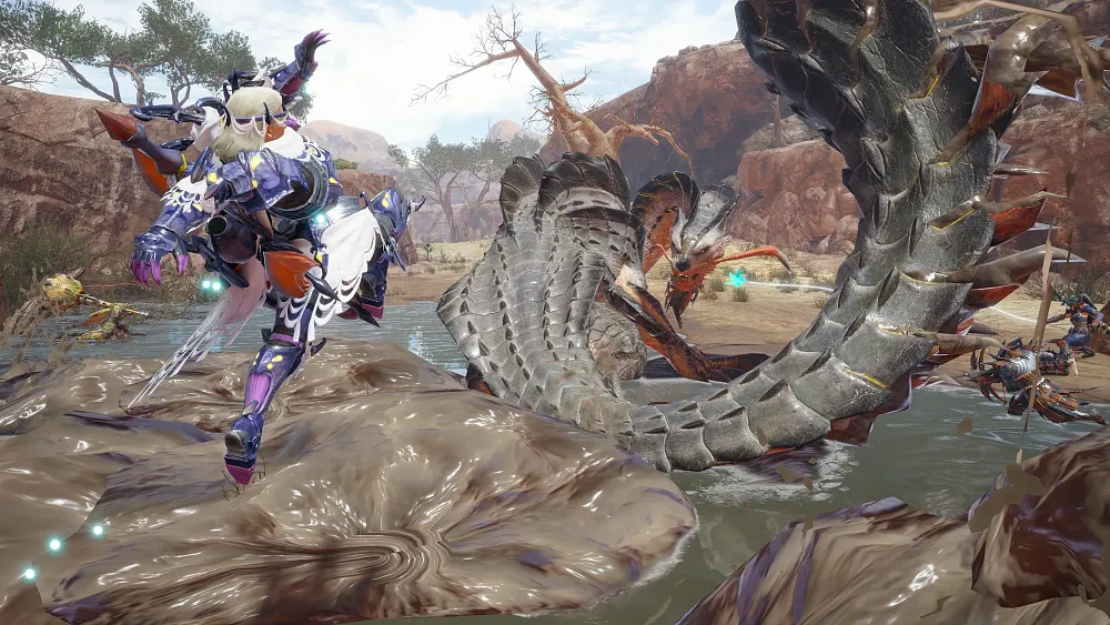 A human in purple and white fantasy-style armor mid-attack against a mean looking serpent beast