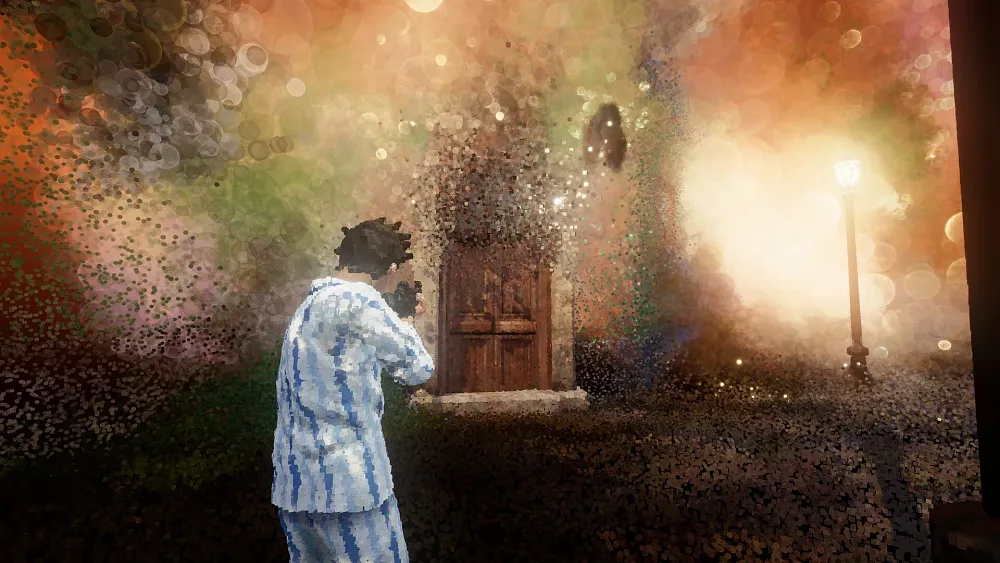 A person in pajamas firing an assault rifle at a door in a dream world.