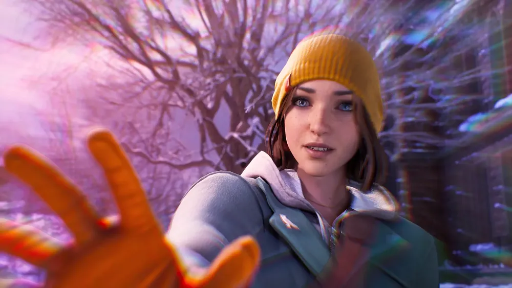A young woman wearing winter clothes holding out her hand.