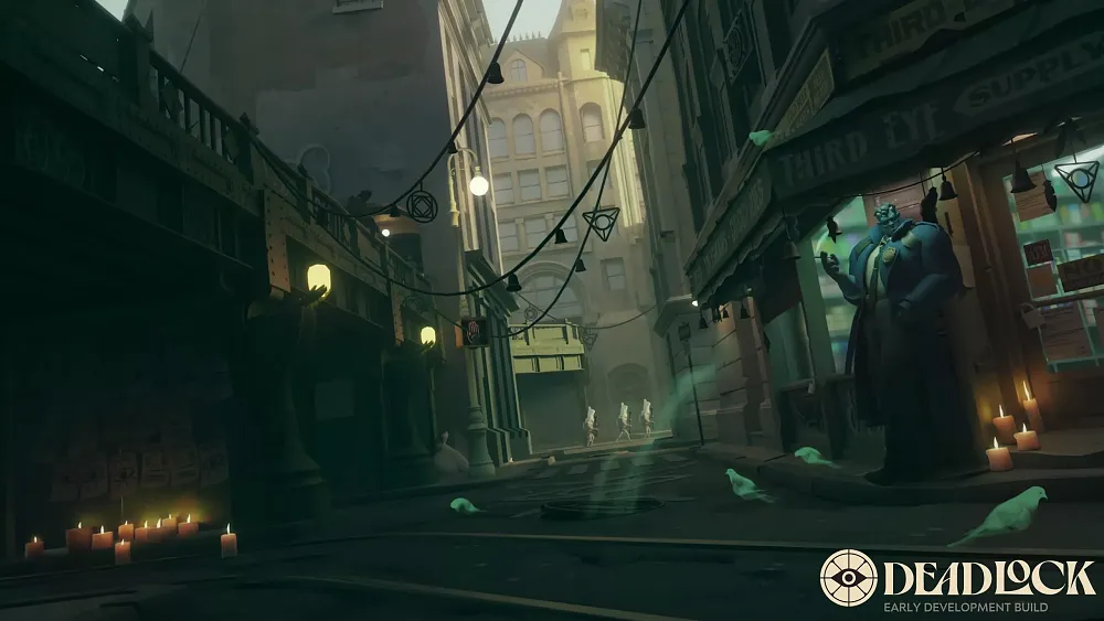 A blue man standing against a corner shop in a stylized video game city.