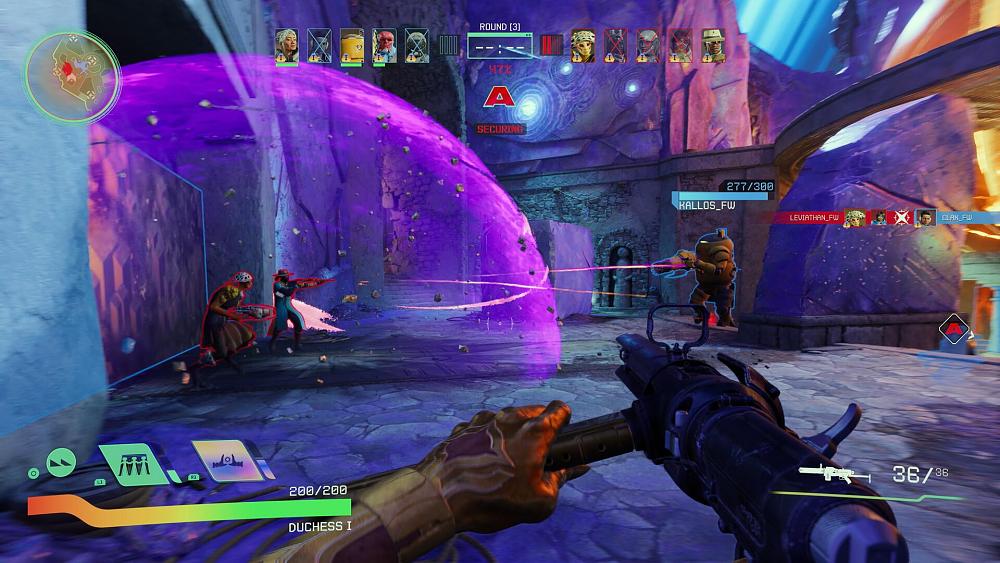 Screenshot showing a fight between one player and two enemies that are taking refuge inside an energy bubble.