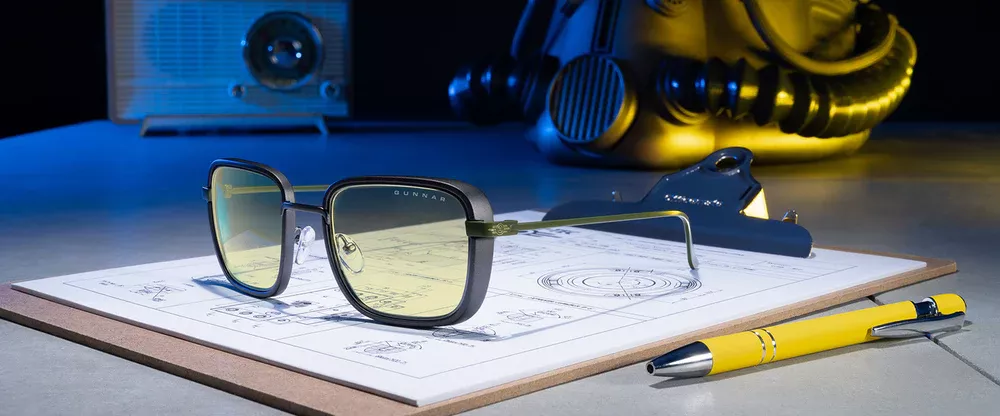 A pair of blue light blocking GUNNAR glasses with Fallout branding from the Amazon Studios Fallout TV series.