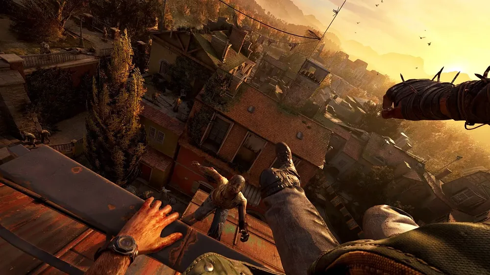 First-person view of a man doing a parkour jump on a rooftop towards some sort of a zombie-like creature.