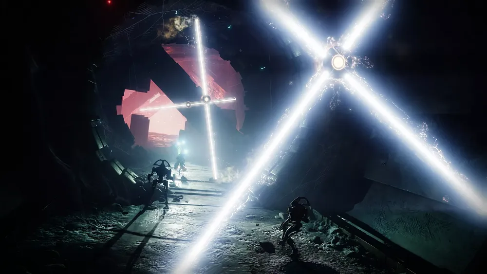 Screenshot from the third act of Destiny 2: Echoes showing a hallway tunnel with laser traps.