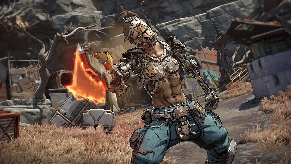 A character with a stylized cartoon/animated style with thick black ink lines, stands menacingly with a glowing bladed weapon, two robotic arms, and a full face mask.