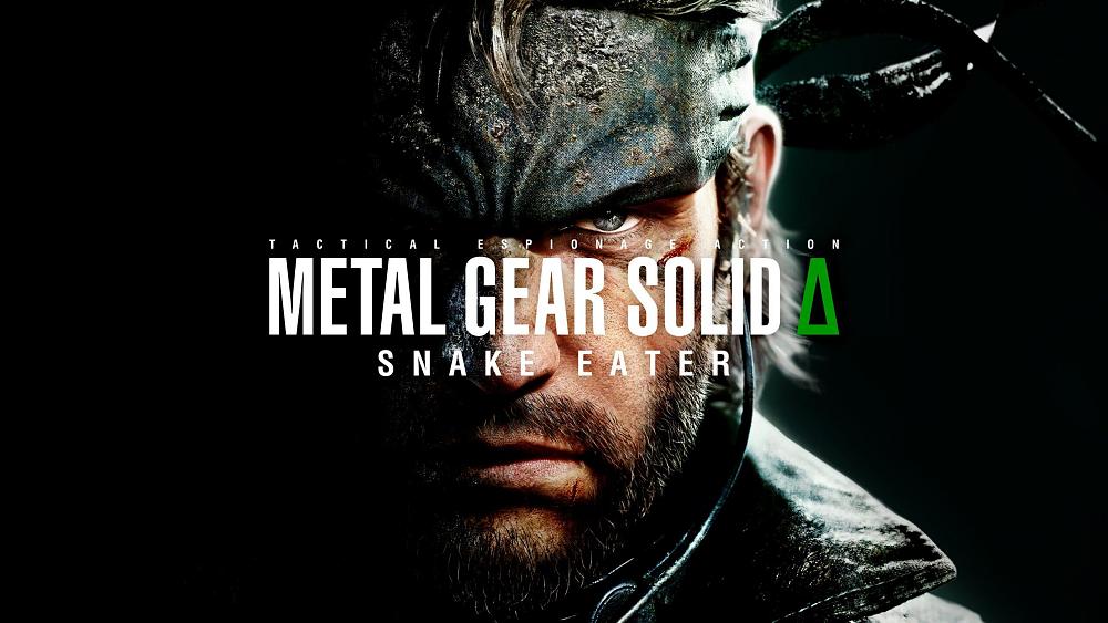 Text: Tactical espionage action. Metal Gear Solid Delta: Snake Eater. Image behind shows a closeup of Snake from the Metal Gear franchise.