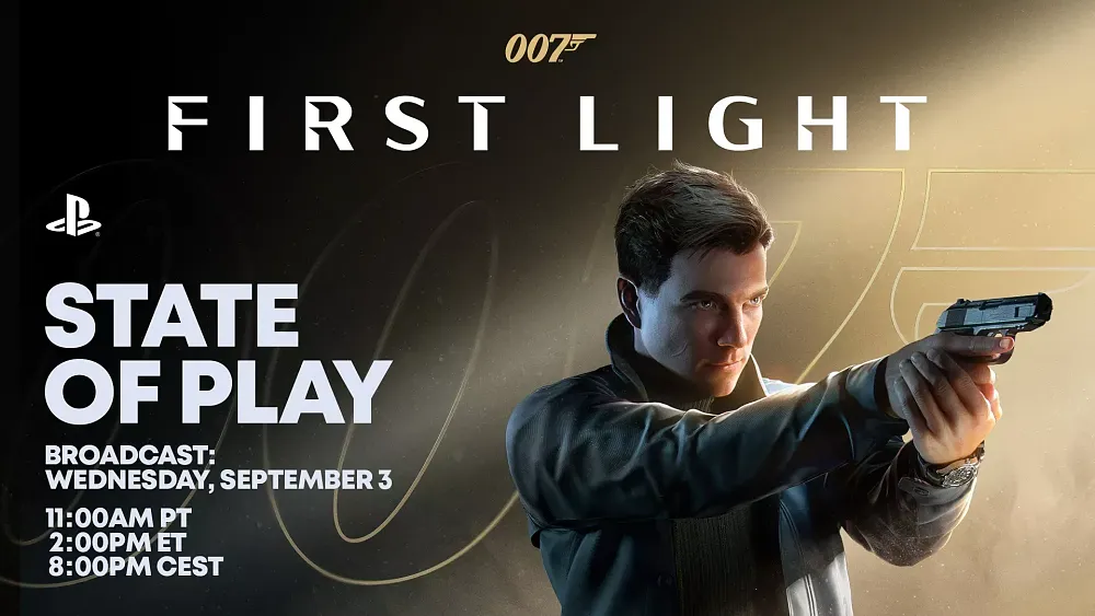 Promo for a 007 First Light State of Play on Wednesday, September 3rd at 11 AM PT. The image shows a young James Bond aiming a pistol.
