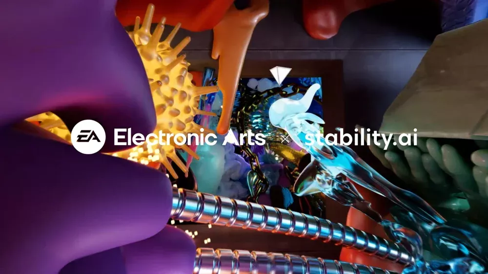 A really shitty presumably AI generated hellscape of visual elements with text in the center reading "Electronic Arts x stability.ai."