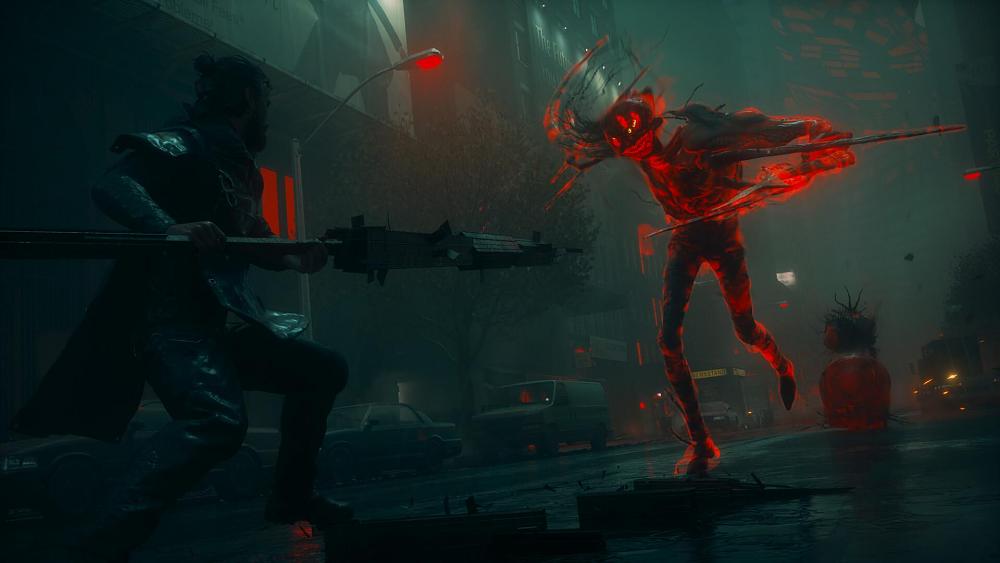 Screenshot from Control Resonant showing the main character readying a spear-like weapon as a red, glowing, tall creature runs at him ready to attack.