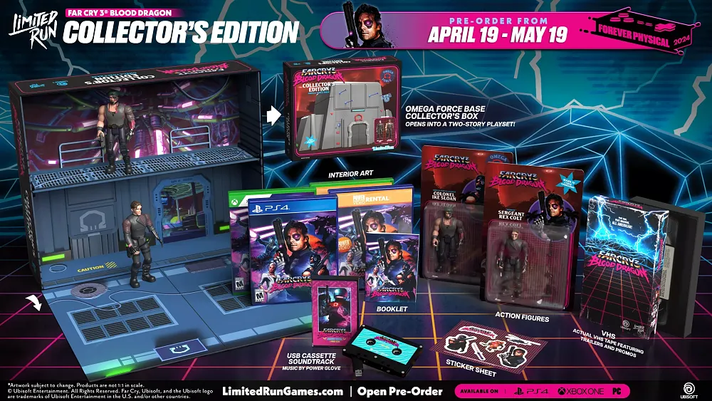 Photo showing all sorts of items related to Far Cry 3 Blood Dragon that comes in the physical Collector's Edition from Limited Run Games.