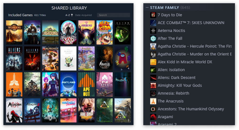 A collection of two images combined to show a shared library of games on Steam for those using the Steam Families feature.