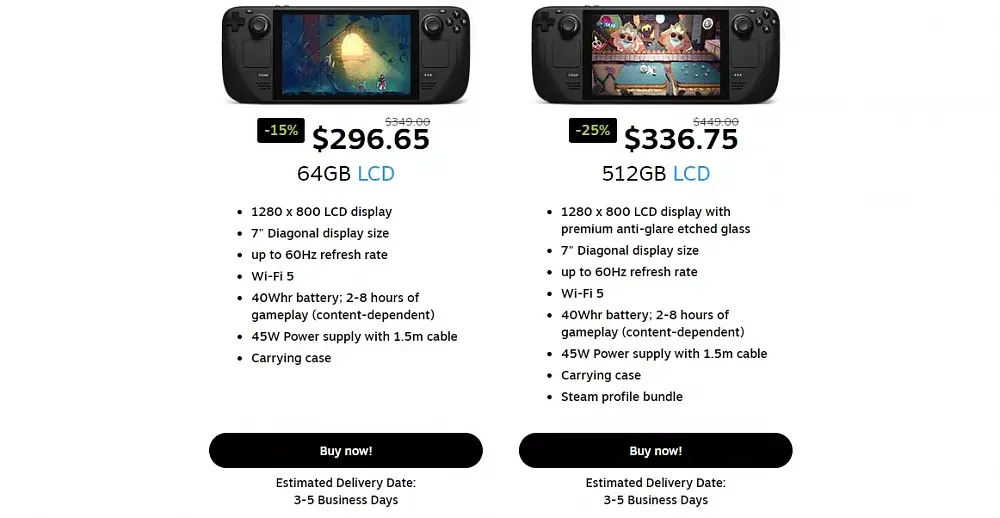 Image showing two models of the handheld PC called Steam Deck. The image shows the specs of each device as well as a special sale price for both models.