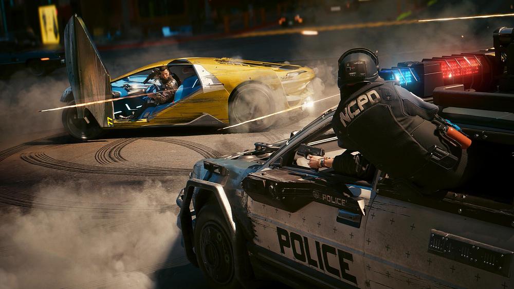 Police opening fire from a cop car on a man in a yellow sportscar that is firing back.