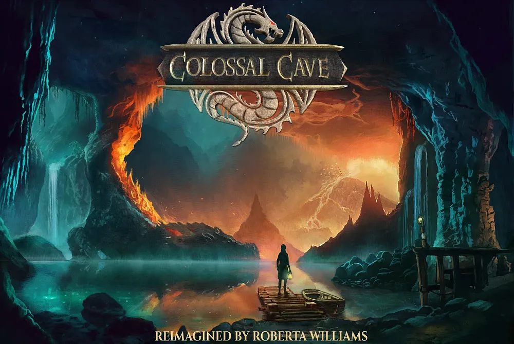 Art showing a person holding a lantern and standing in a massive underground cave. Directly in front of the person is an underground lake. Beyond that are cave walls lit by blue lighting. Beyond that can be seen a volcano with bright lava flowing down the sides.
