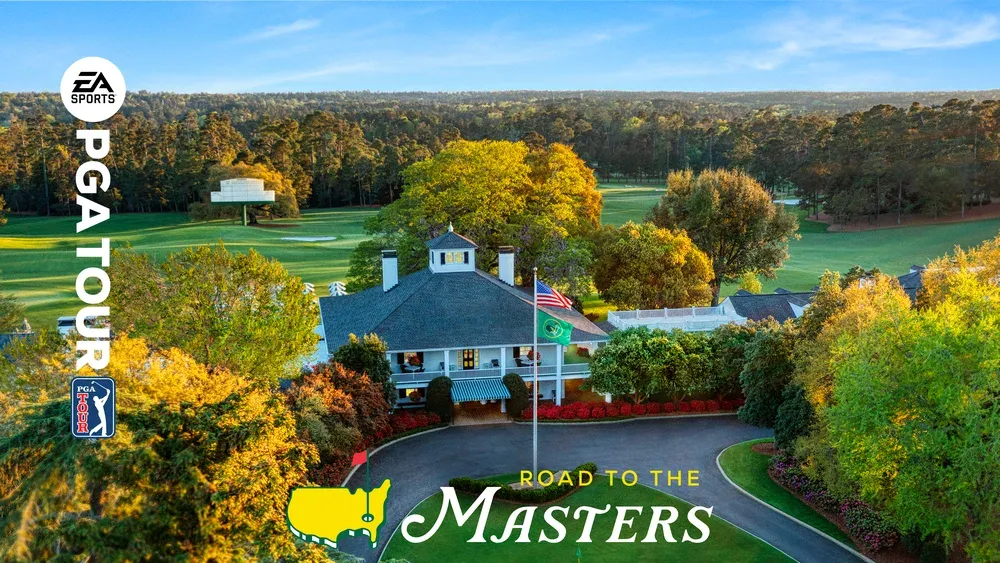 "EA Sports PGA Tour" key art showing the game title on the left side above the logo for the PGA Tour. The main background image is an elevated view of a golf course during the fall season. The bottom of the image also features the words "Road to the Masters."