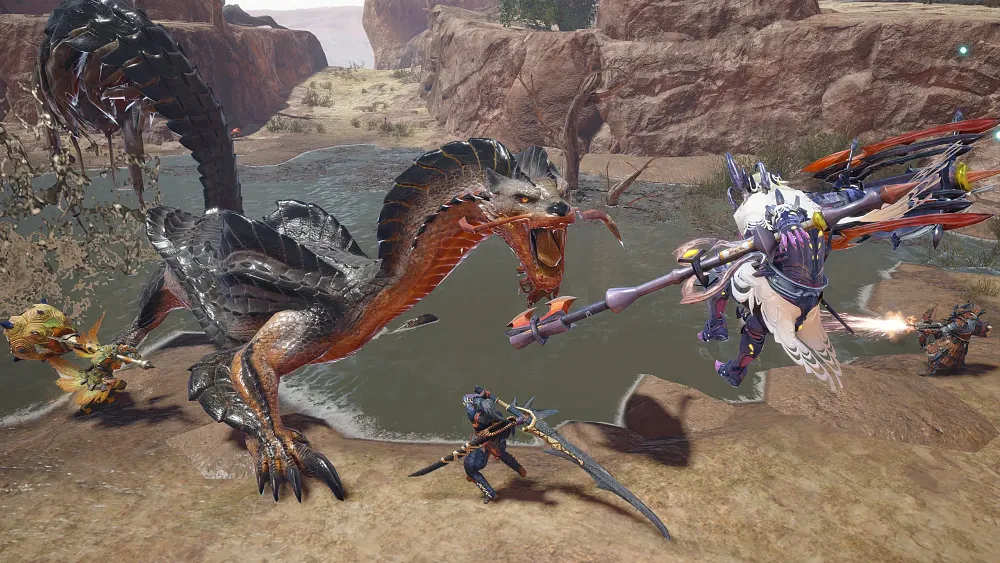 A group of heroes clad in fantasy style gear wielding fantasy style weaponry are jumping and attacking a large dragon-like monster.