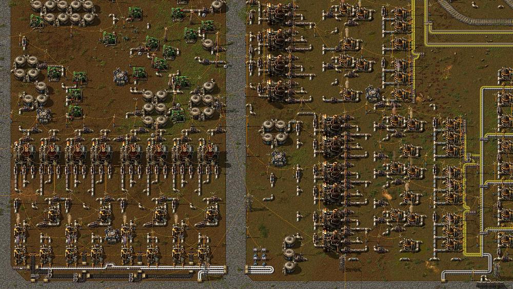 Overhead view of a series of factories, production lines, pathways, wires, and pipes.