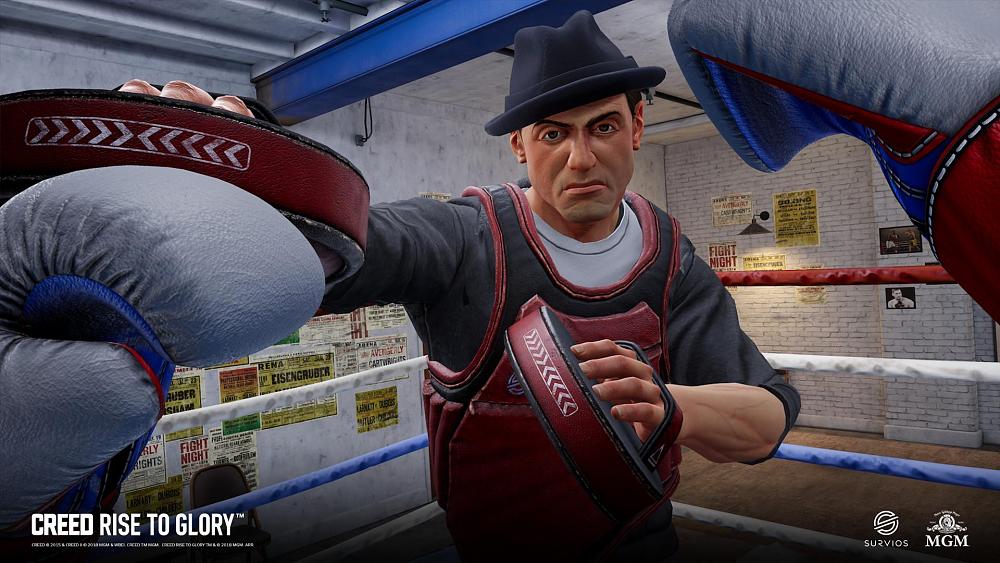 First person view of a person wearing boxing gloves and sparring in a boxing ring with a digital version of Rocky Balboa.