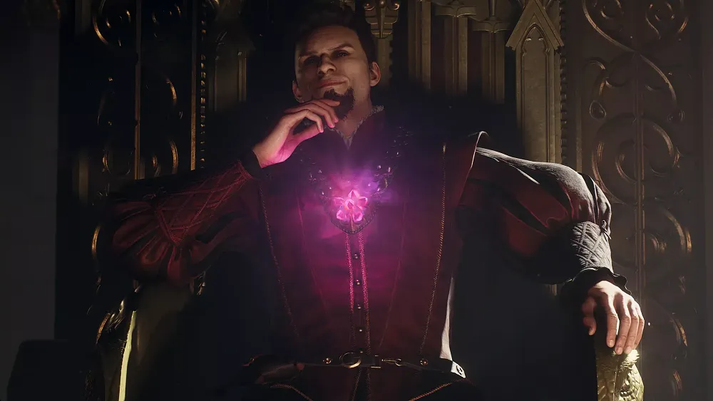 An evil looking character with a purple gem or heart glowing from his chest area.