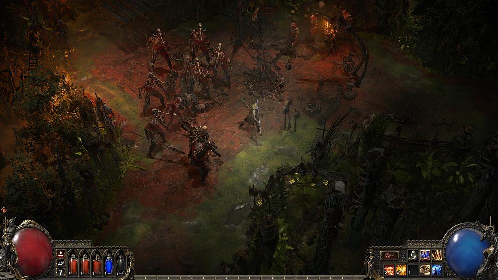 Image of an isometric action-RPG showing a player character and several enemy creatures.