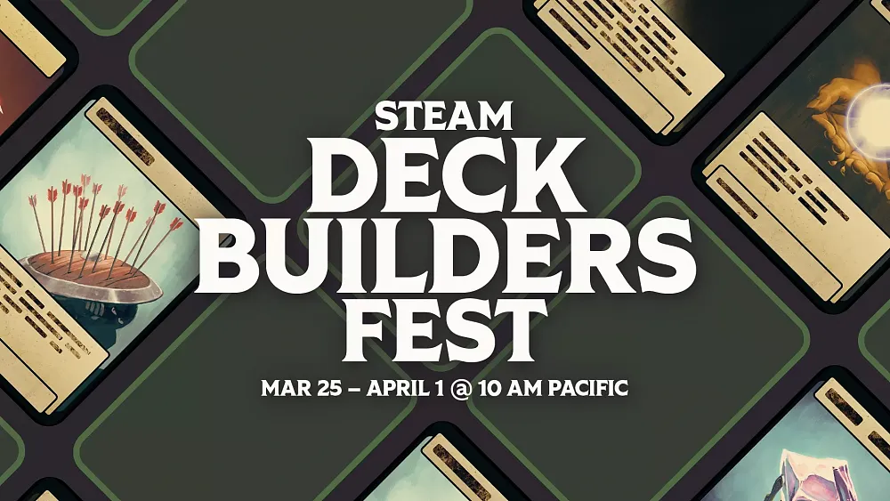 Just art with the title of the Steam Deckbuilders Fest, beginning March 25th at 10AM PT.