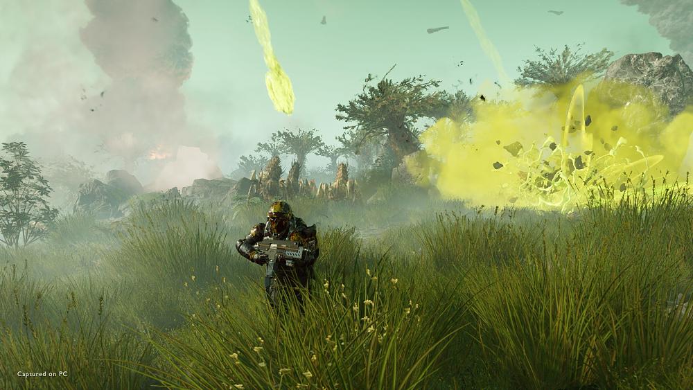 A soldier running away from alien bugs.