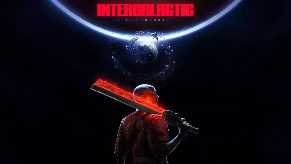 Text: Intergalactic: The Heretic Prophet. Image shows a broken world in the background. In the foreground is a bald woman with her back toward the camera and holding some sort of energy sword.