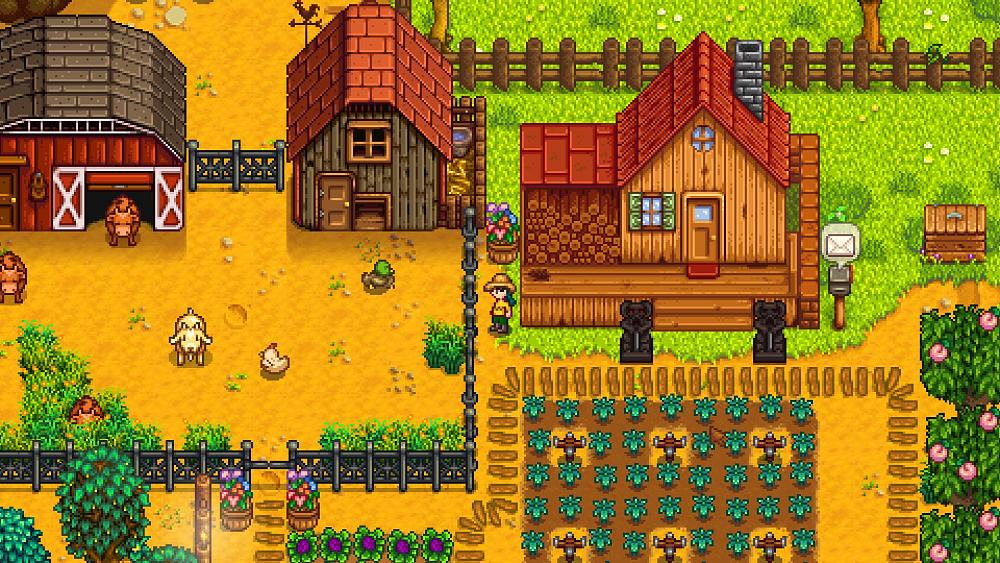 An image showing a typical farm, animals, crops, and player in Stardew Valley.