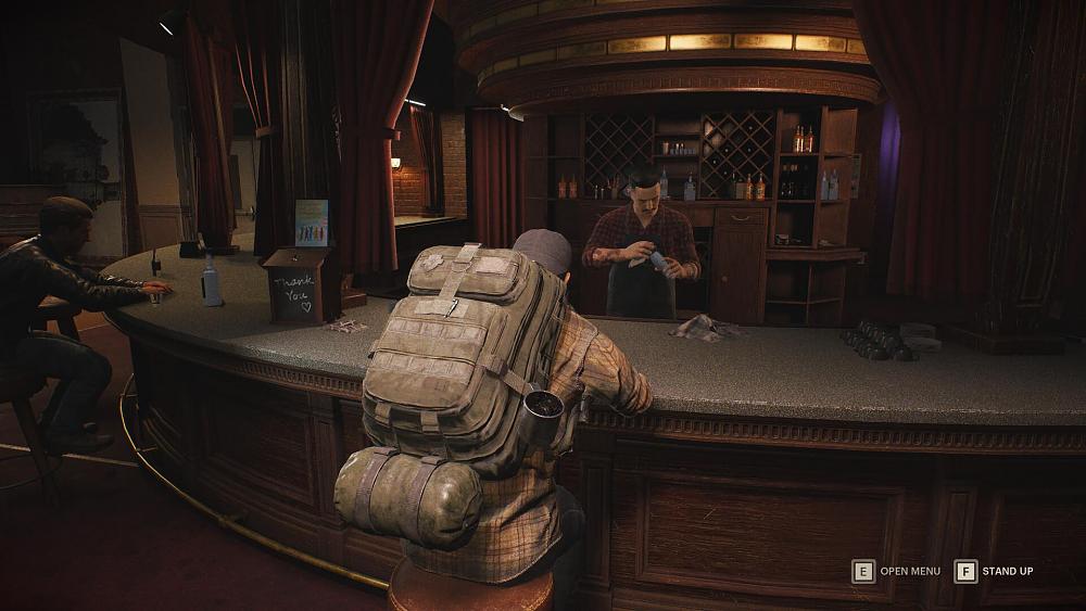 A person wearing a large backpack standing at a bar.