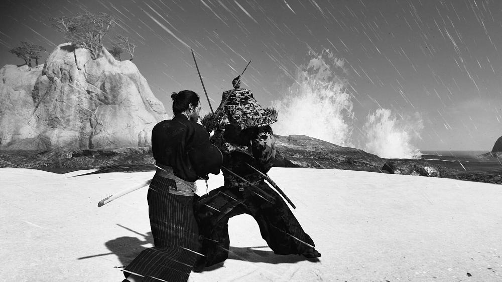 Black and white screenshot of Ghost of Tsushima showing two warriors clashing.