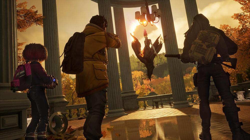 Three vampire hunters aiming at a floating vampire in front of an eclipsed Sun.