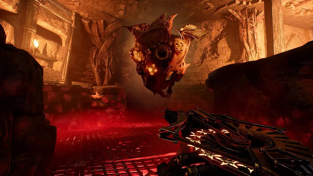 First-person shooter view aiming at some giant demon heart in Purgatory.