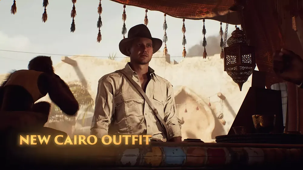A new look for Indiana Jones for his adventures in Cairo. It's Indiana without his jacket and sporting a tan shirt to keep cool in the heat.