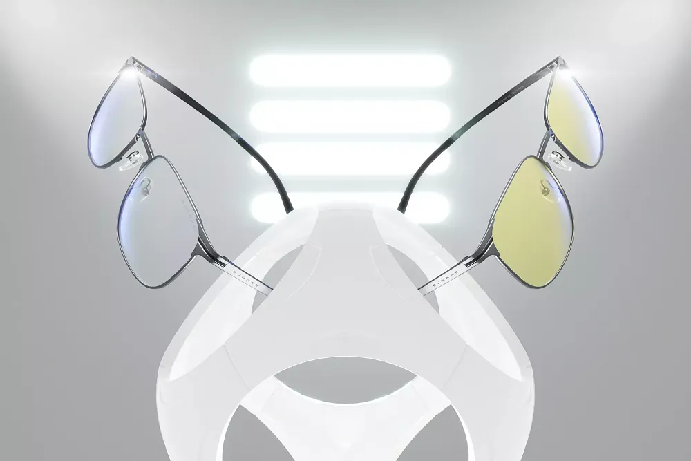 Photograph of two pairs of blue light blocker GUNNAR glasses from the Monterey line in the new King Size Collection.