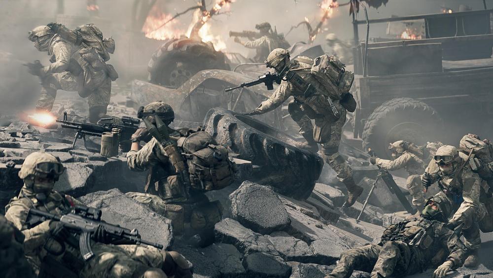 Soldiers digging in an urban warfare setting.