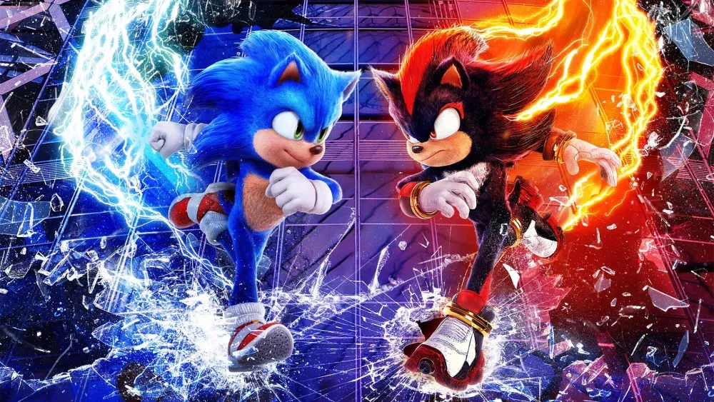 Sonic, a blue hedgehog and Shadow the Hedgehog, a black and red hedghog staring menacingly at each other as they both speed down the side of a building.