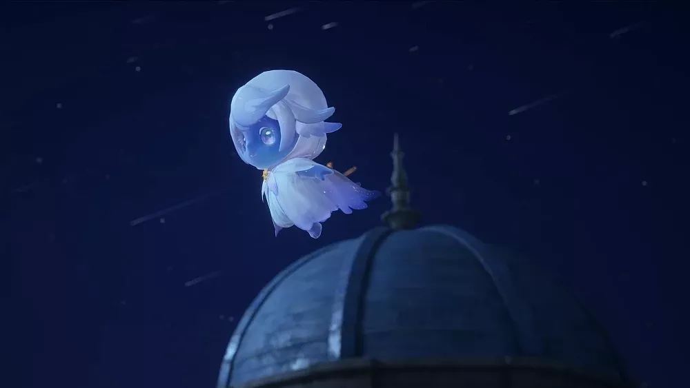 A blue fairy floating in front of a night sky full of shooting stars.