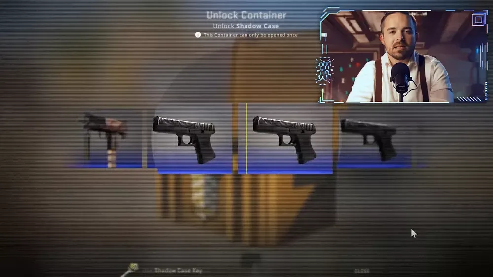 A shot from a YouTube video where Coffeezilla, seen in the upper right of the image, is talking about Counter-Strike skin gambling. The background image is a still showing how loot boxes in Counter-Strike are opened as sort of a slot machine style presentation.