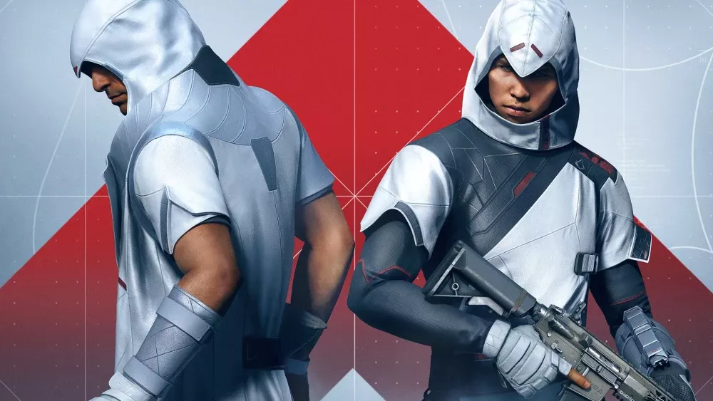 Two assassins from the Assassin's Creed series, one is holding an assault rifle.