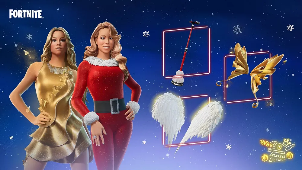 Two Fortnite models of Mariah Carey in a gold dress and a Santa suit, plus various cosmetic items for use in Fortnite.