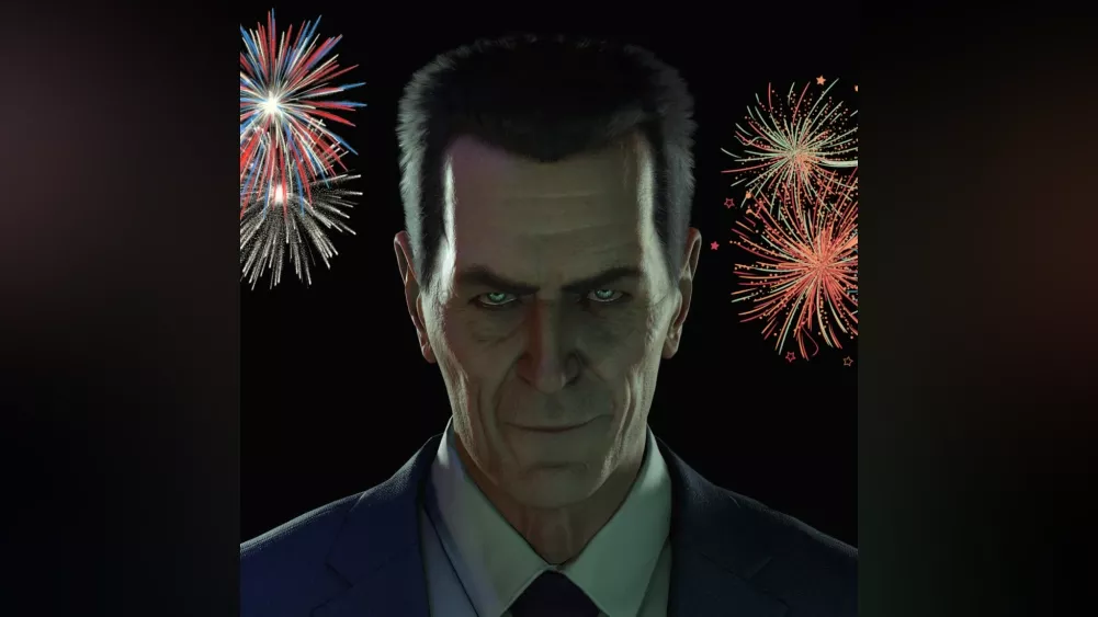 A closeup of a weird "government" man, aka G-Man, from the Half-Life games. He has a smirk on a marked face and is wearing a dark blue suit.
