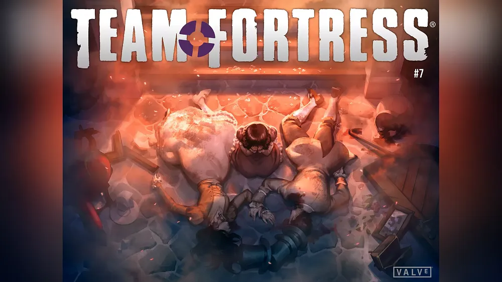 Cover art for the 7th issue of the Team Fortress 2 comic, showing an overhead shot of a young girl crying over two slain adults, presumably her parents.