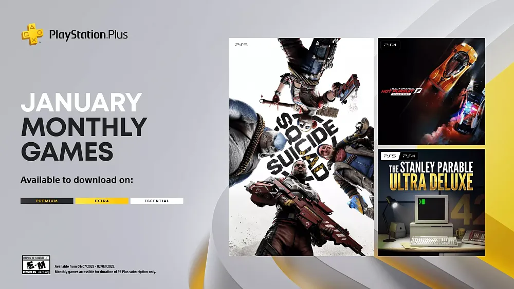 PlayStation Plus Monthly Games for Jan 2025: Suicide Squad: Kill the Justice League, Need for Speed Hot Pursuit Remastered, The Stanley Parable: Ultra Deluxe.