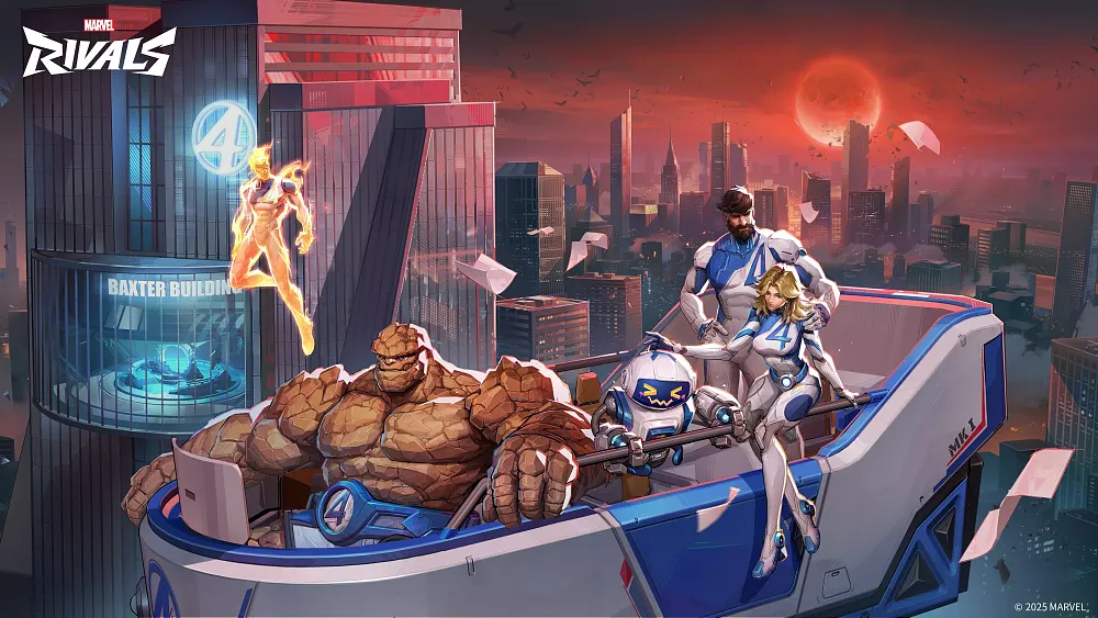 Marvel's Fantastic Four riding around with a robot in a flying car. They are flying through New York City.