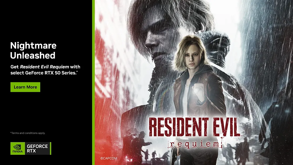 Promo for a new bundle that gives you a copy of Resident Evil Requiem with the purchase of qualifying Nvidia GeForce RTX 50 Series GPUs.