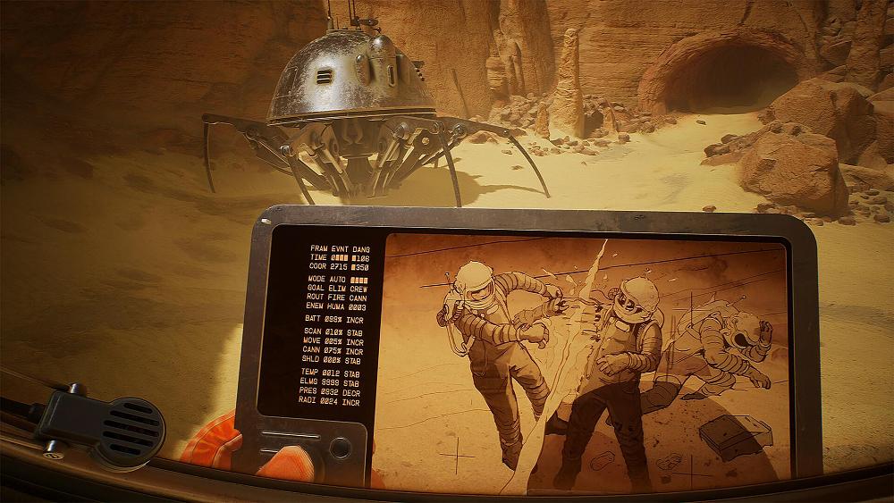 Screenshot from the adventure game, The Invincible, showing a tablet and a robot in the background.